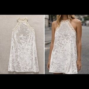essue Ivory Crushed Velvet Halter Mini Dress with Crochet Trim